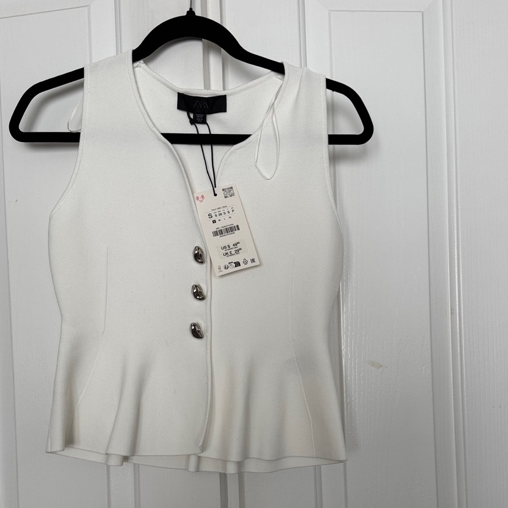 Zara White Sleeveless Peplum Top with Silver Buttons